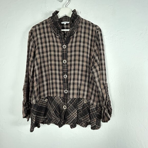 Habitat Womens Plaid Button-Up Ruffle Hem Jacket Large Lagenlook Brown Black - Picture 1 of 8